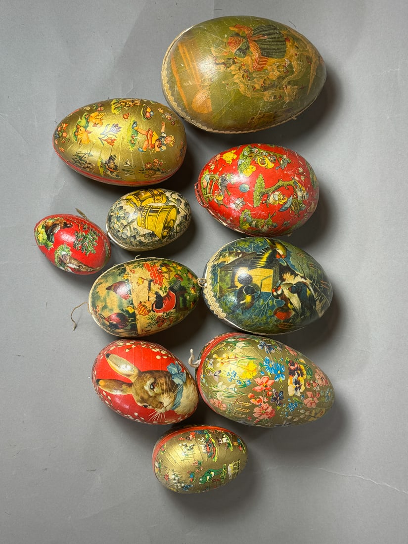 NINE VICTORIAN LITHOGRAPHED CARDBOARD EASTER EGGS, 7" AND SMALLER (1 of 2)
