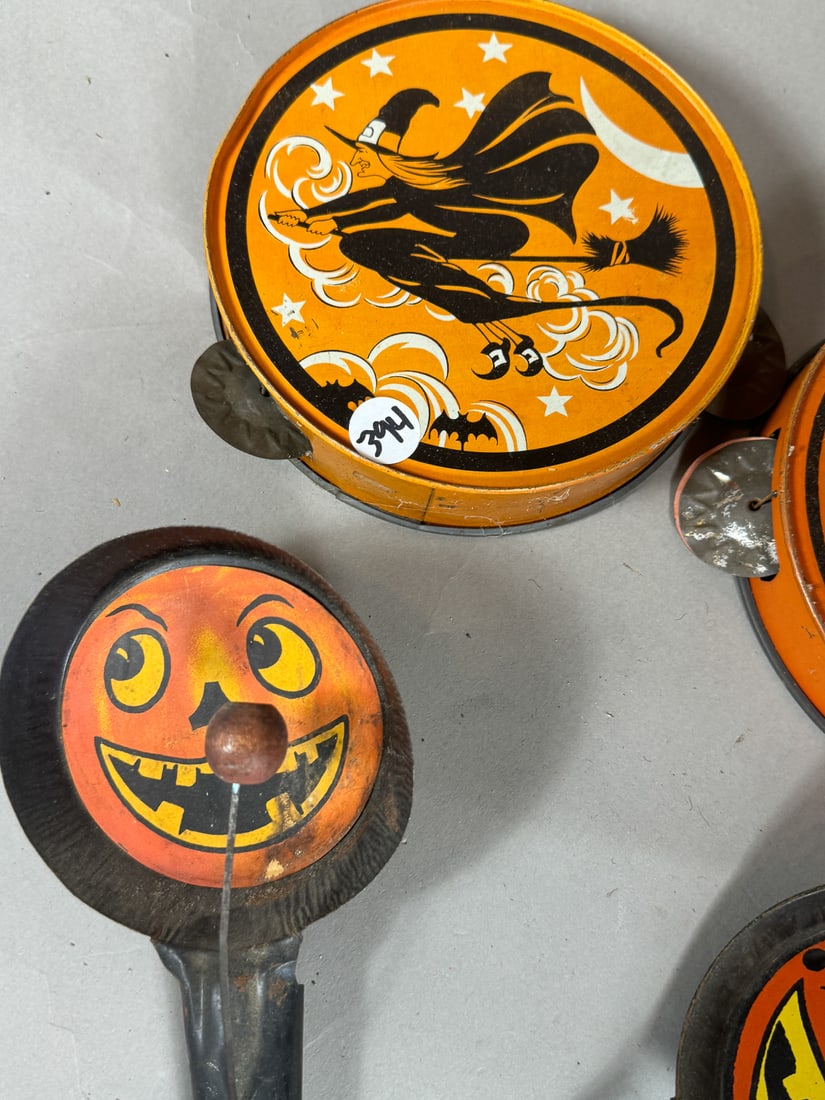 TWO VINTAGE TIN LITHOGRAPHED HALLOWEEN TAMBOURINES AND TWO TIN LITHOGRAPHED HALLOWEEN NOISEMAKERS, (1 of 4)