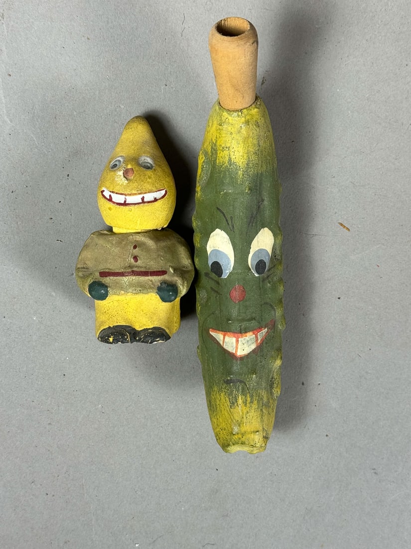 TWO 1920S GERMAN PAPER MACHE CANDY CONTAINERS, MINIATURE VEGGIE MAN AND A PICKLE. 3" AND 6" (1 of 7)
