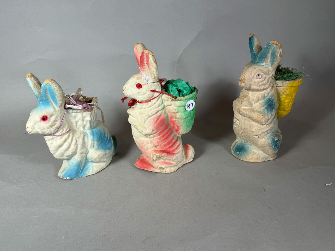 THREE ANTIQUE CARDBOARD RABBIT FORM EASTER BASKETS, 9", 9", 7.5" (1 of 6)