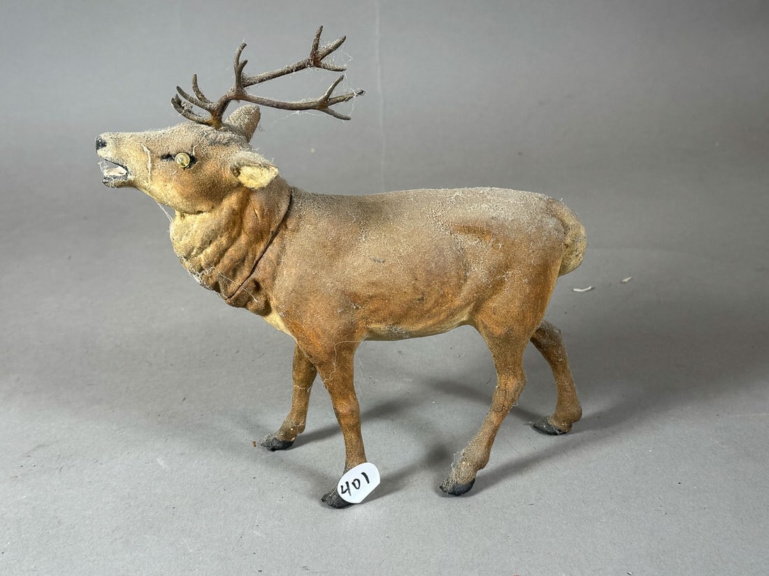 VERY RARE ANTIQUE GERMAN PAPER MACHE STAG FORM CANDY CONTAINER W/ GLASS EYES AND METAL ANTLERS, 7.5" (1 of 11)