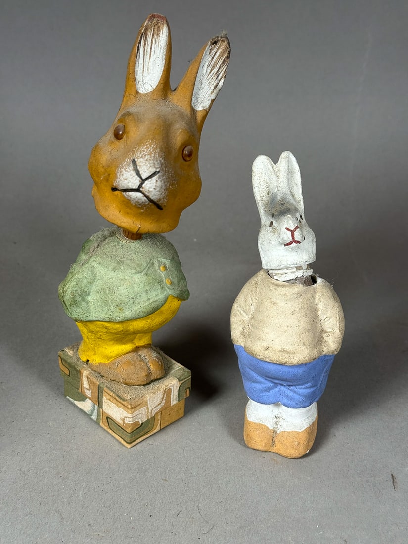 ANTIQUE GERMAN PAPER MACHE RABBIT BOBBLEHEAD AND RABBIT CANDY CONTAINER, 7" AND 5" (1 of 7)