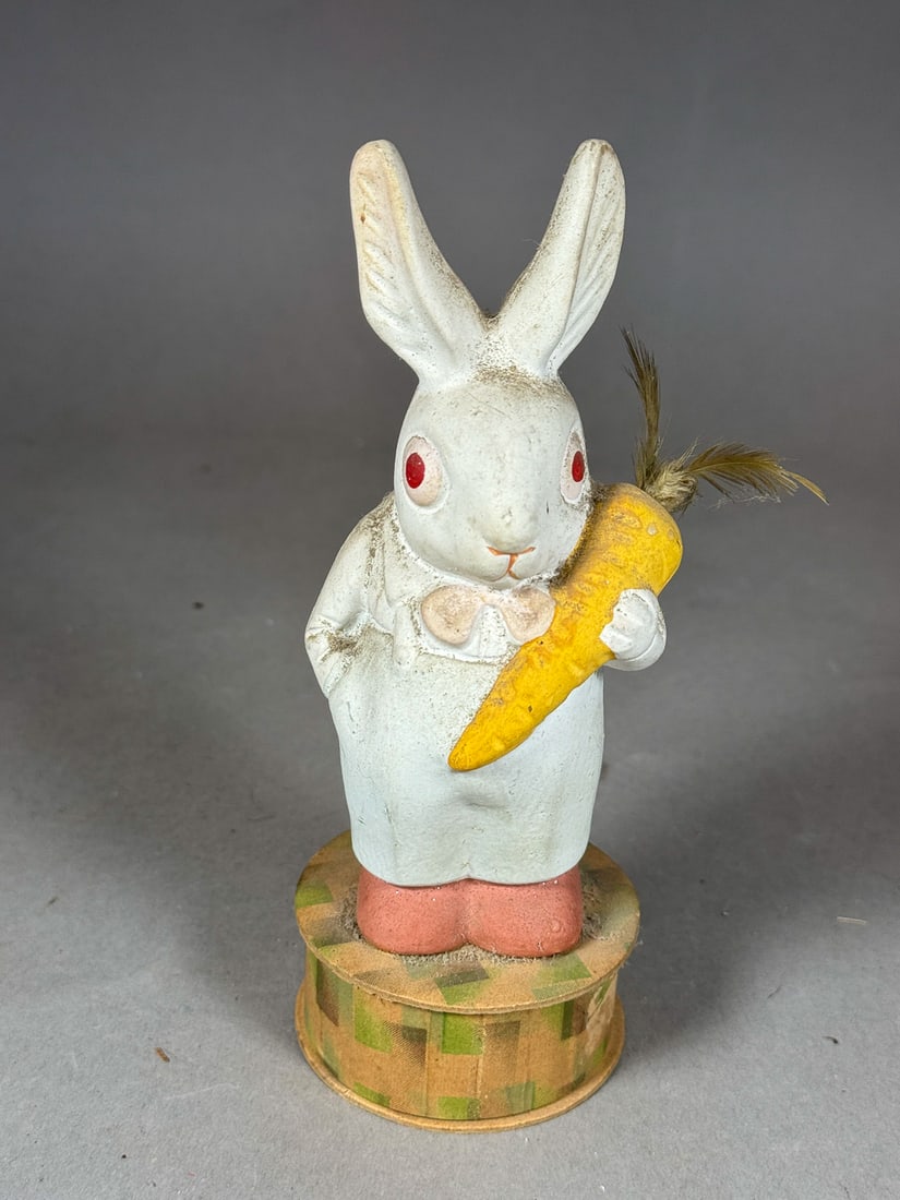 ANTIQUE GERMAN PAPER MACHE RABBIT W/ CARROT CANDY CONTAINER, 7" (1 of 5)