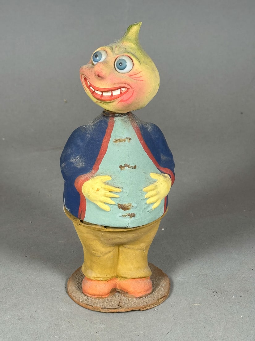 A VERY RARE ANTIQUE GERMAN PAPER MACHE VEGGIE MAN BOBBLEHEAD CANDY CONTAINER, 7" (1 of 4)