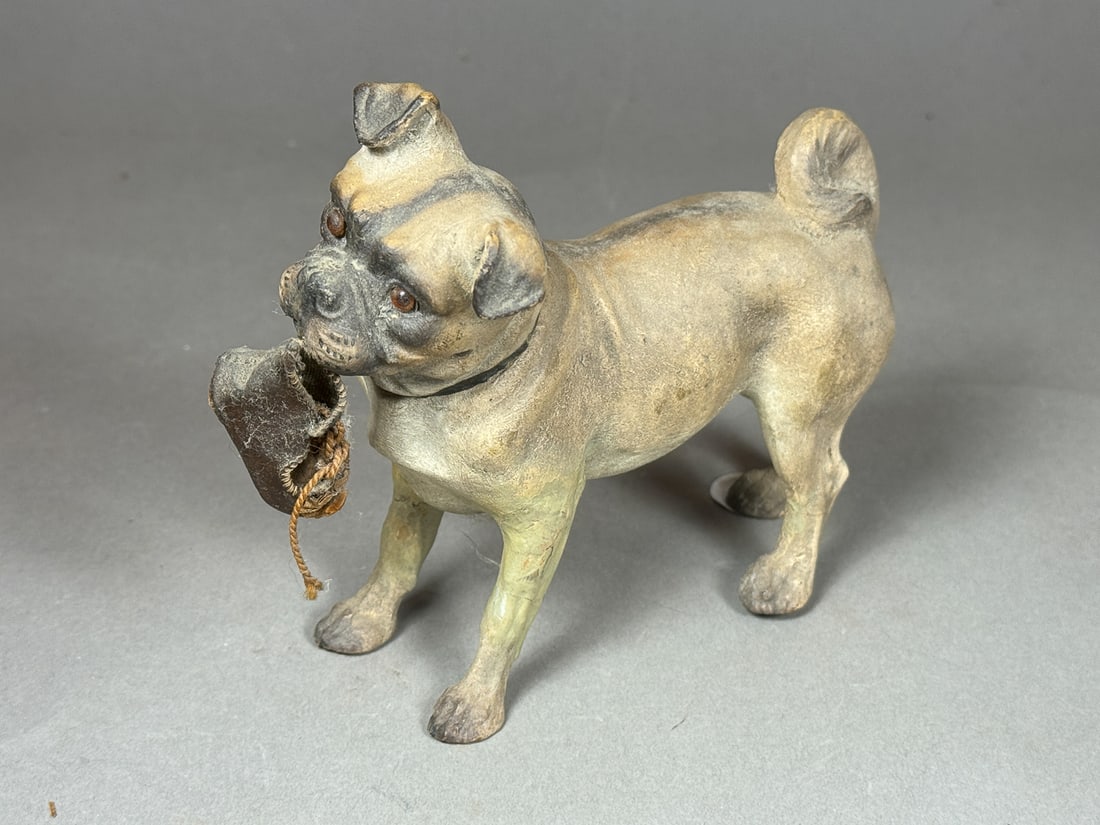 AN ANTIQUE GERMAN PAPER MACHE DOG W/ SHOE CANDY CONTAINER  W/GLASS EYES, 7" X 5" (1 of 9)