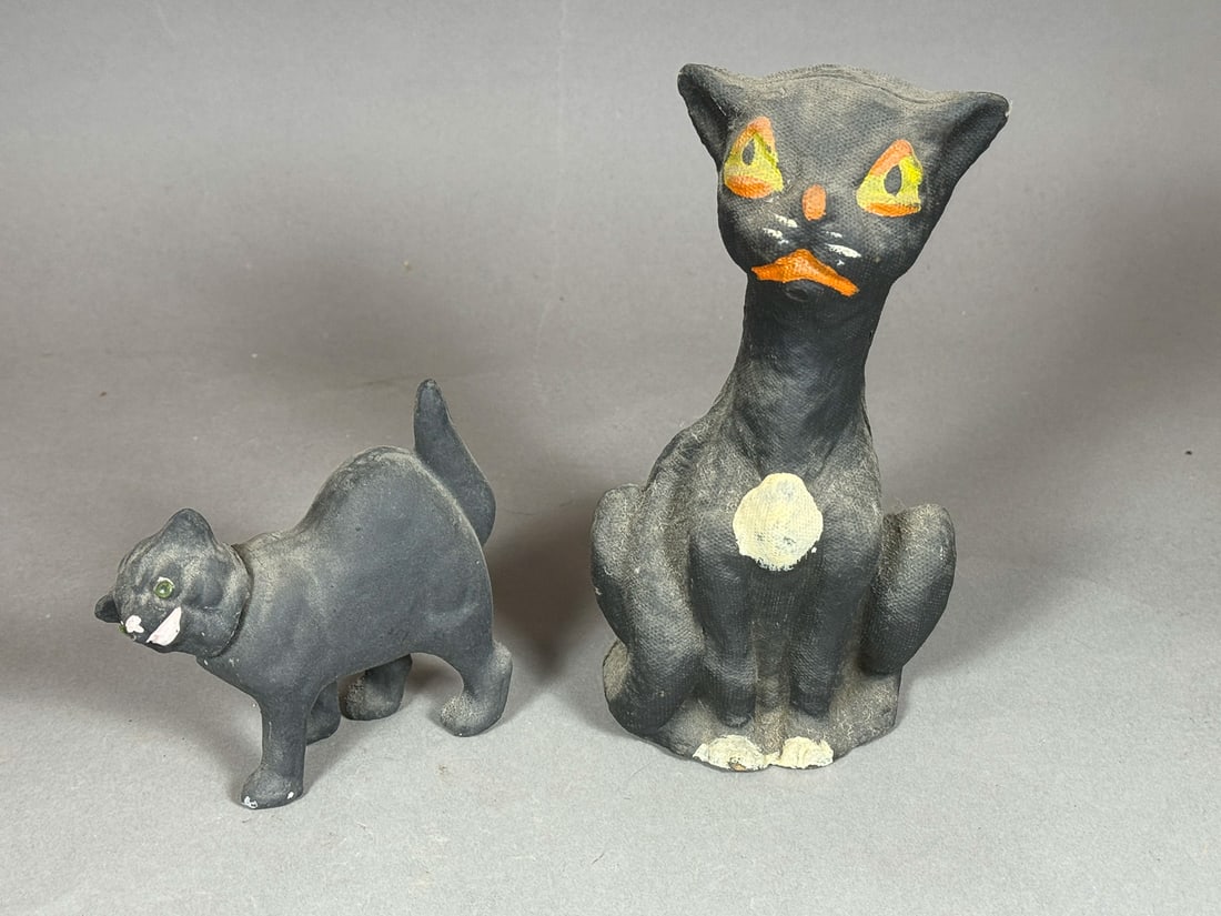 TWO ANTIQUE PAPER MACHE BLACK CAT CANDY CONTAINERS, 7" AND 4" (1 of 6)