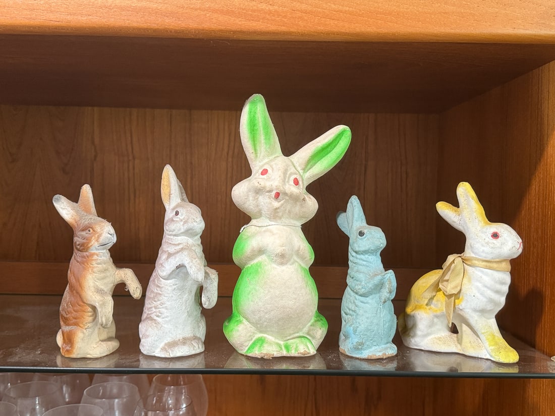 FIVE ANTIQUE PAPER MACHE RABBIT FORM CANDY CONTAINERS, 9", 6.5", 6.5", 6", AND 6" (1 of 7)