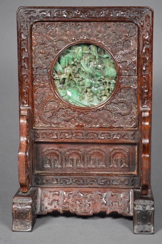 Carved Zitan wood and mounted jade screen: Screen, 19 th c. detailed carved Zitan wood and mounted green jade screen with every detailed dragon carvings an Zitan wood screen and jade carved as Chinese scholars in the mountains.from a private c