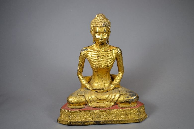 Gilt bronze Buddha: bronze Buddha, south Asian, 18th c. cross-legged on lotus flower seat, and placed in Buddhist concentration position. from a private collector Potsdam. VT. 14" x 12"