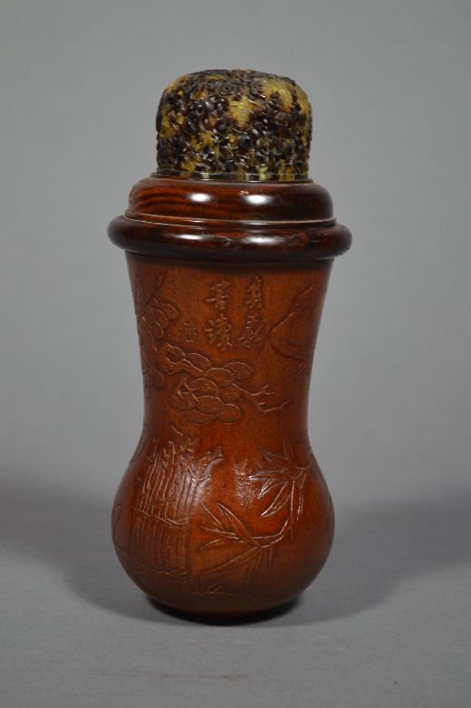 Carved gourd cricket cage: gourd cricket cage, 19 th c. china, finely carved Chinese scholar study story, with tortoiseshell cover. 7"