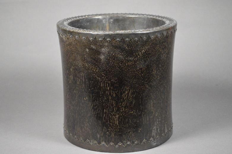 Round Zitan wood brush pot: Zitan wood brush pot, china, brush pot wrapped copper on base. 8" x 8"