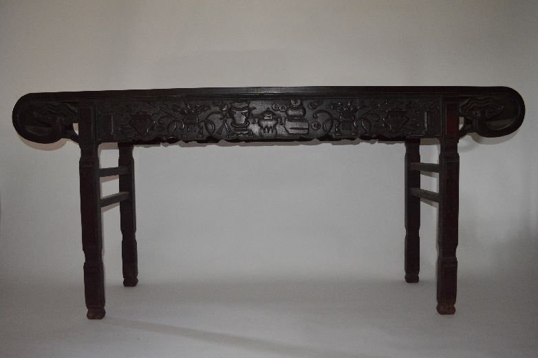 Carved Zitan wood altar table: Zitan wood altar table, china, 19 c. well carved bats and flower pattern on edge of table. 68x 17x32