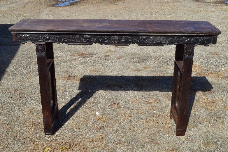 Carved Zitan wood altar table: Zitan wood altar table, china, 19 c. well carved peach, grape, Ruyi and flower pattern on edge of table. 68x17x40