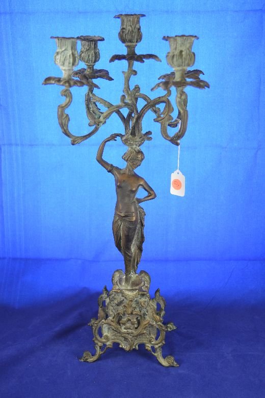 Candleabra: Figural bronze 5 armed candleabra with nude woman
