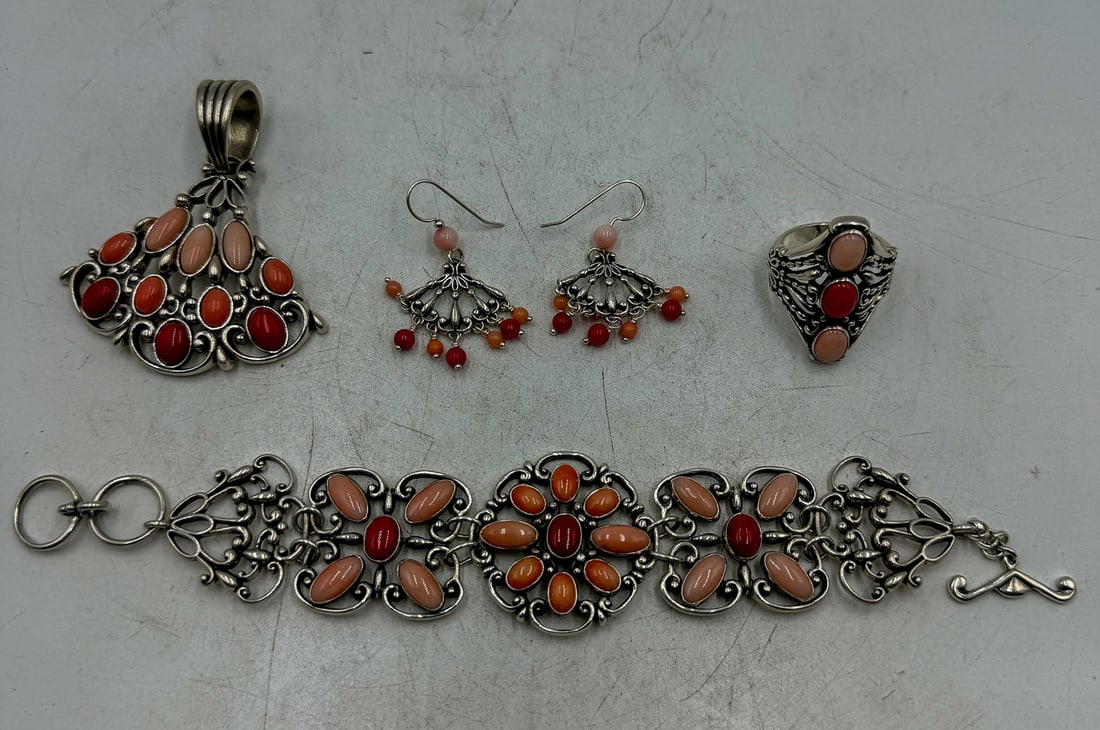 STERLING SILVER BRACELET, RING, EARRING, AND PENDANT SET, 86 GRAMS (1 of 2)