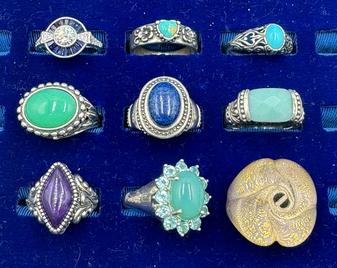 EIGHT STERLING SILVER RINGS W/ STONES AND ONE MURANO RING, 84 GRAMS (1 of 6)