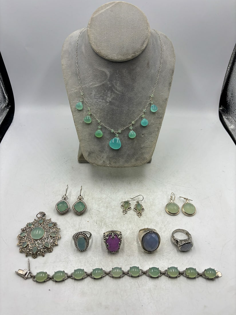 STERLING SILVER RINGS, PINS, AND BRACELETS W/ PALE BLUE STONES, 141 GRAMS (1 of 7)