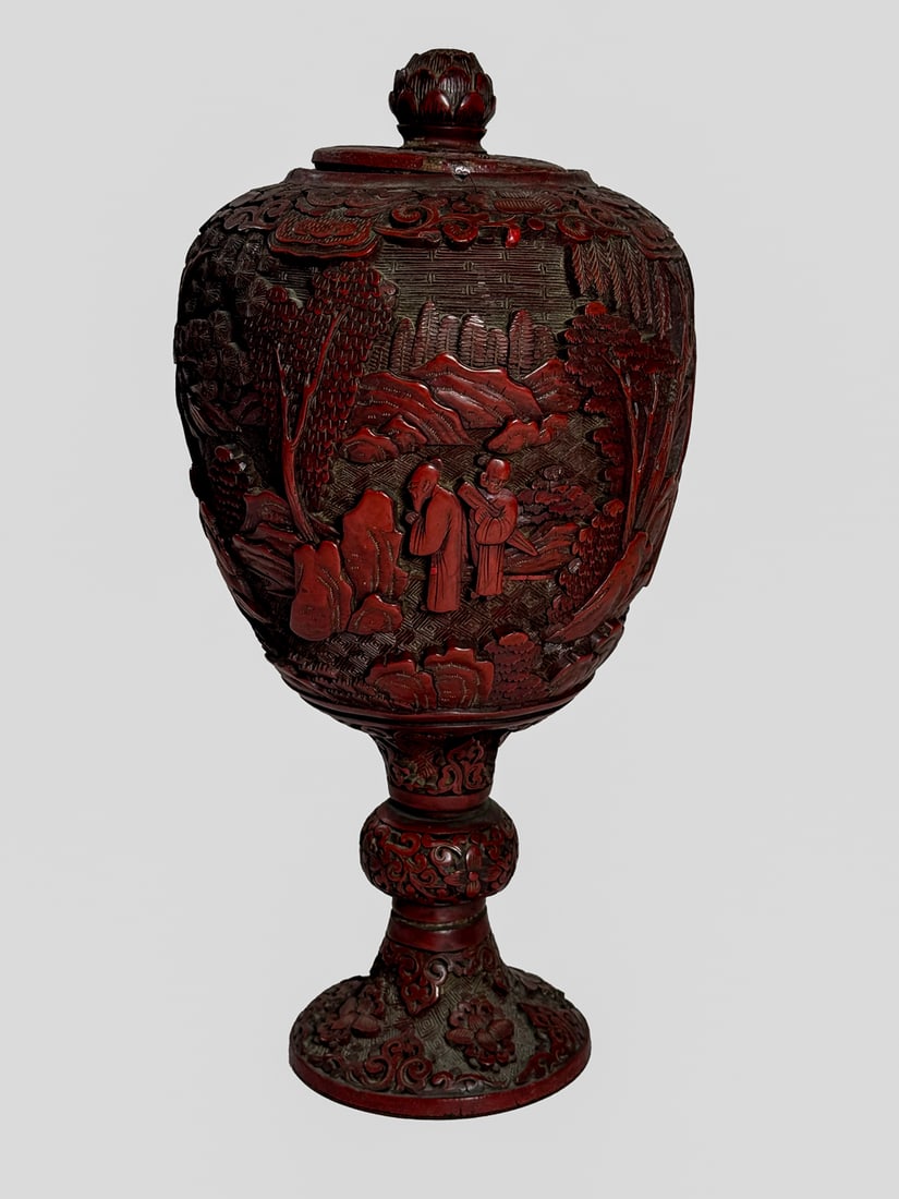 19TH CENTURY CINNABAR LIDDED URN, 5.25" X 12", TOP HAS LOOSE COLLAR: 19TH CENTURY CINNABAR LIDDED URN, 5.25" X 12", TOP HAS LOOSE COLLAR