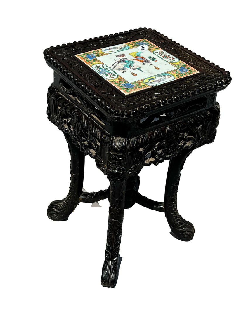 A 19TH CENTURY CARVED CHINESE STAND W/ FAMILLE ROSE PLAQUE INSERT, 10" X 10" X 17" OVERALL AND 6.25" (1 of 7)