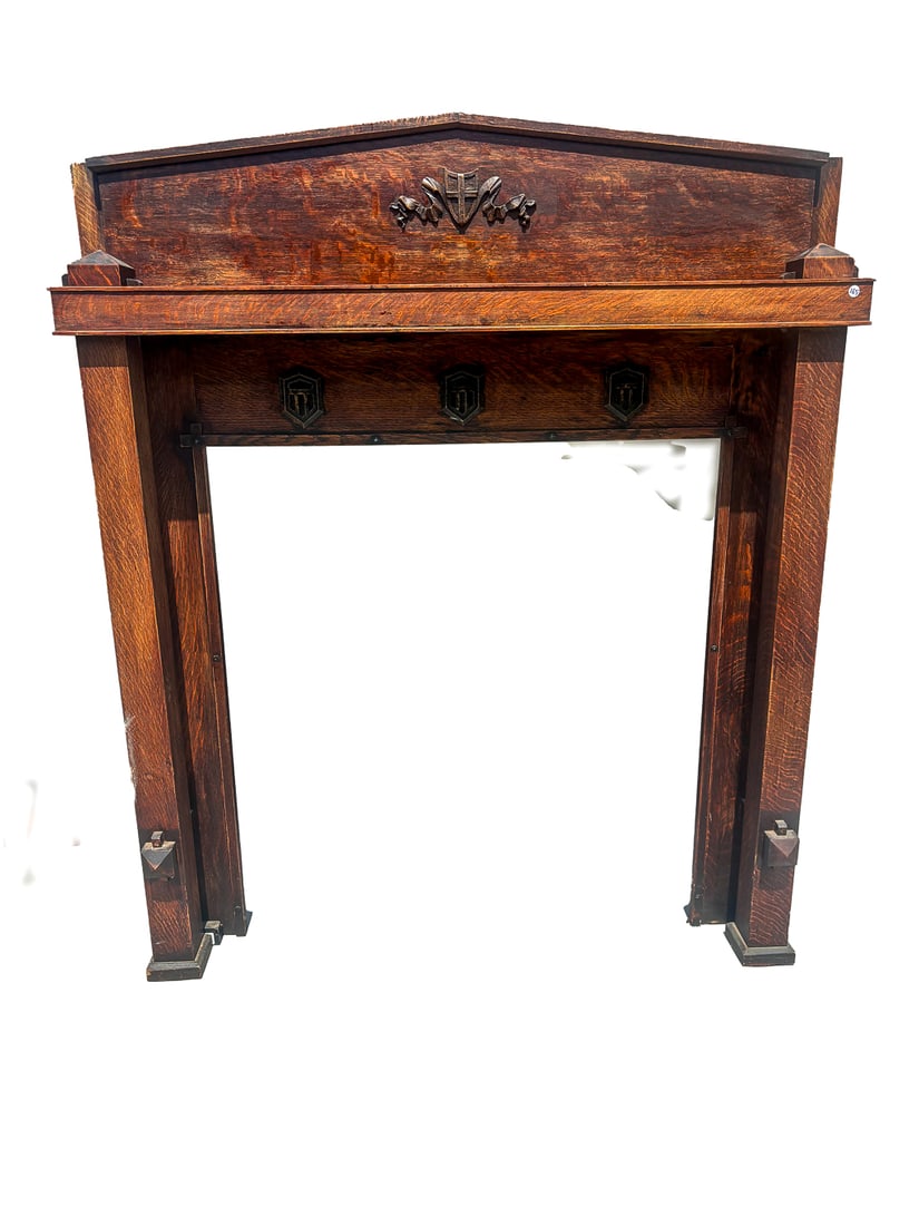AN OAK ARTS AND CRAFTS FIREPLACE MANTLE, 63" X 12" X 70": AN OAK ARTS AND CRAFTS FIREPLACE MANTLE, 63" X 12" X 70"