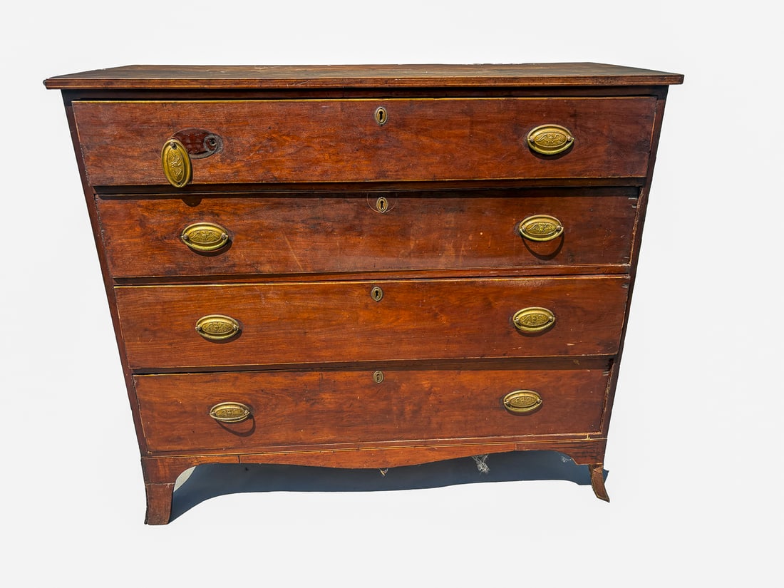 AN ANTIQUE HEPPLEWHITE FIVE DRAWER CHEST, 45" X 22" X 42". REPAIRS AT FEET, SOME BANDING LOSSES (1 of 7)