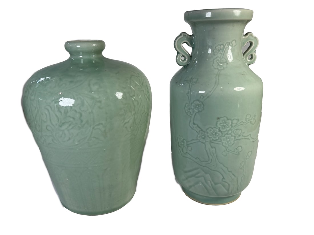 TWO CHINESE CELADON URNS: TWO CHINESE CELADON URNS, 14" AND 12"