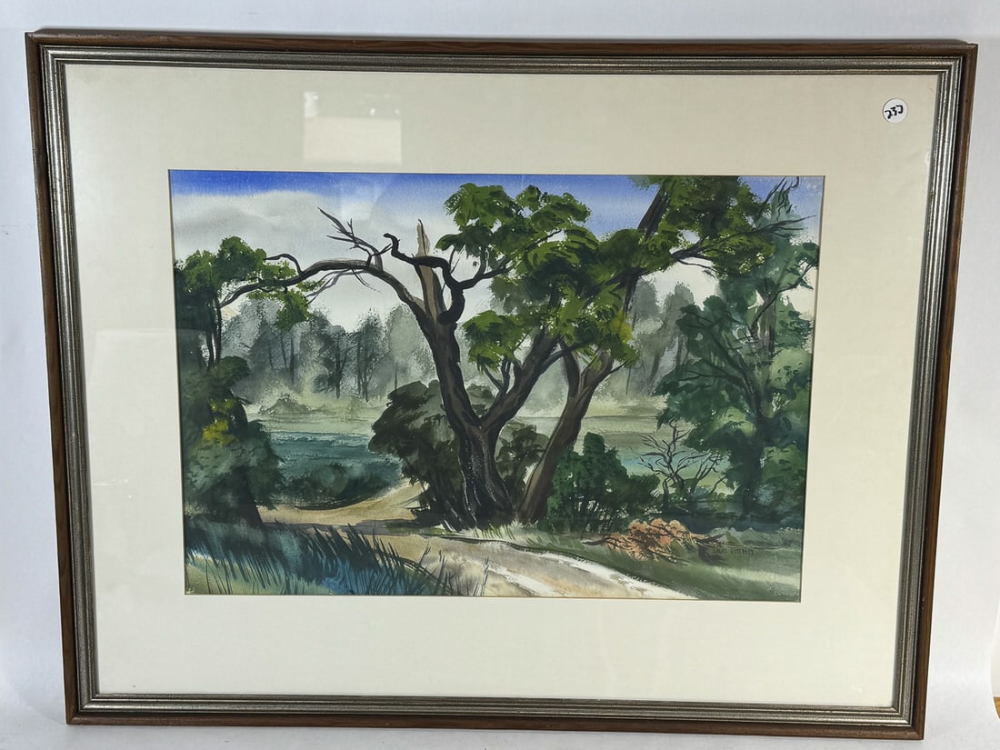 WATERCOLOR LANDSCAPE W/ DIRT ROAD BY DAVID SCOTT, 1939.: WATERCOLOR LANDSCAPE W/ DIRT ROAD BY DAVID SCOTT, 1939. 24" X 30" FRAMED AND 15" X 21" SIGHT