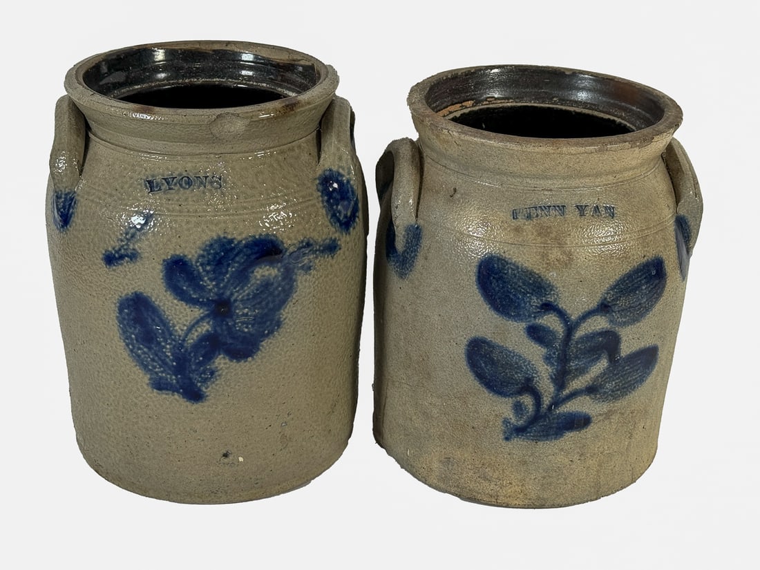 TWO ONE GALLON STONEWARE JARS W/ BLUE DECORATION, LYONS AND PENN YAN (1 of 10)