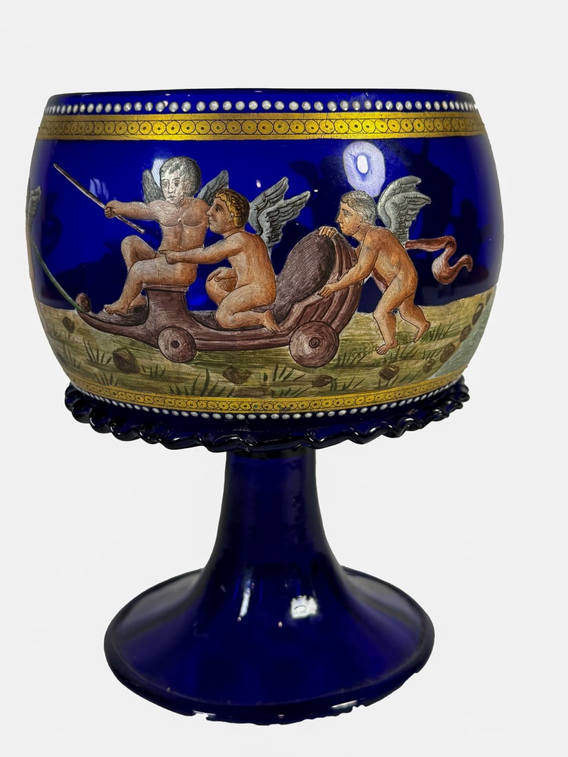 A MOSER HAND ENAMELED NEOCLASSICAL CHALICE, 6" DIAMETER X 7" TALL: A MOSER HAND ENAMELED NEOCLASSICAL CHALICE, 6" DIAMETER X 7" TALL