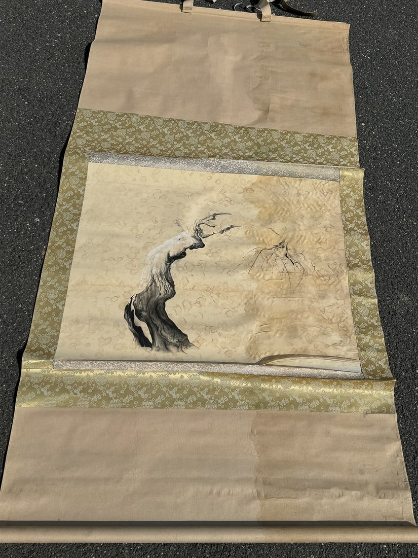 LARGE CHINESE WATERCOLOR SCROLL, 39" X  76" OVERALL AND 32.5" X 26.5". WATER DAMAGE (1 of 6)