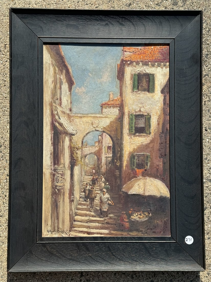 ARTHUR V. DIEHL OIL ON CANVAS "VILLAGE MARKET", 18" X 24" FRAMED AND 12" X 18" SIGHT: ARTHUR V. DIEHL OIL ON CANVAS "VILLAGE MARKET", 18" X 24" FRAMED AND 12" X 18" SIGHT