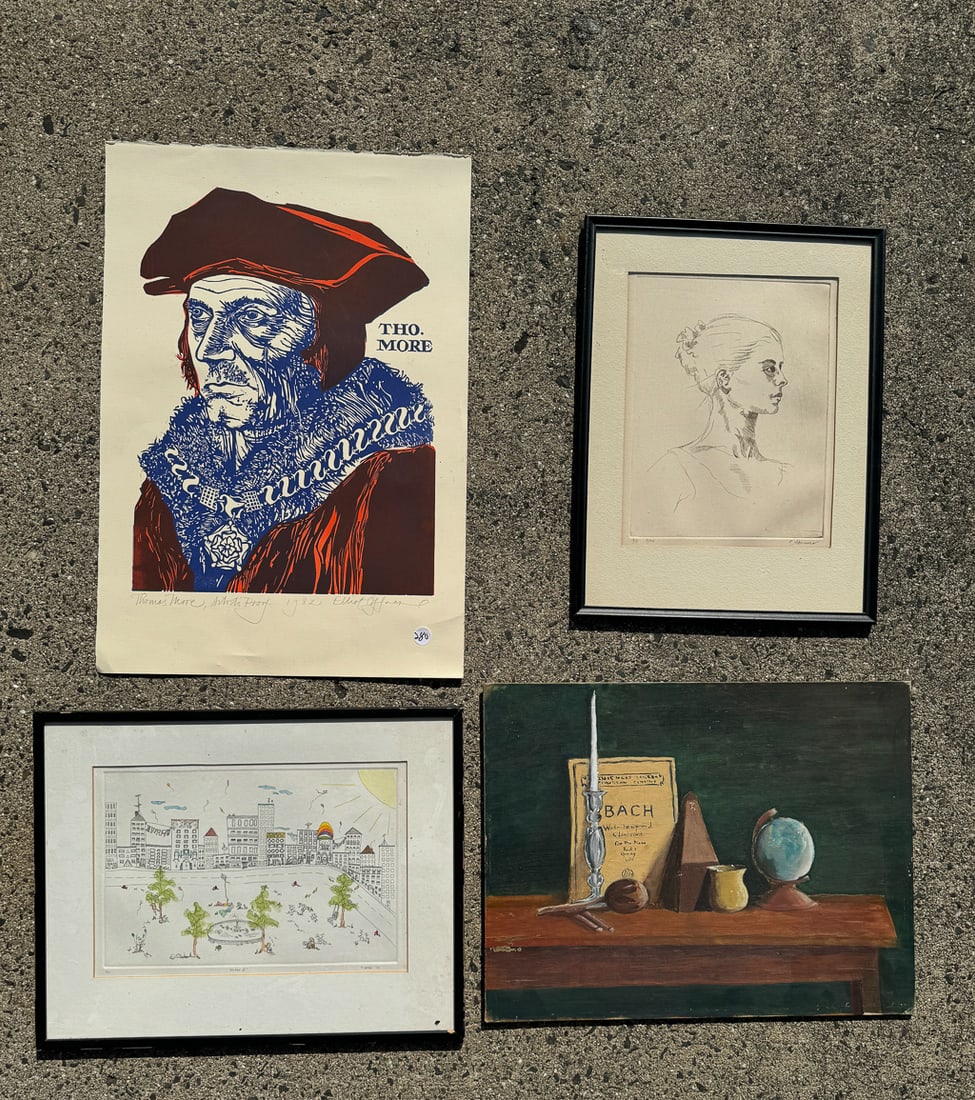 FOUR PIECES ART: ELLIOT OFFNER, E. ABRAMS, S. GELLER, AND ONE MORE. 22" X 16" AND SMALLER: FOUR PIECES ART: ELLIOT OFFNER, E. ABRAMS, S. GELLER, AND ONE MORE. 22" X 16" AND SMALLER