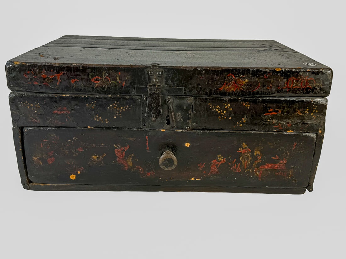 AN ANTIQUE CHINESE PAINTED CAMPAIGN DESK W/ GOURD SHAPED BOX, 18" X 12" X 8.5" (1 of 6)