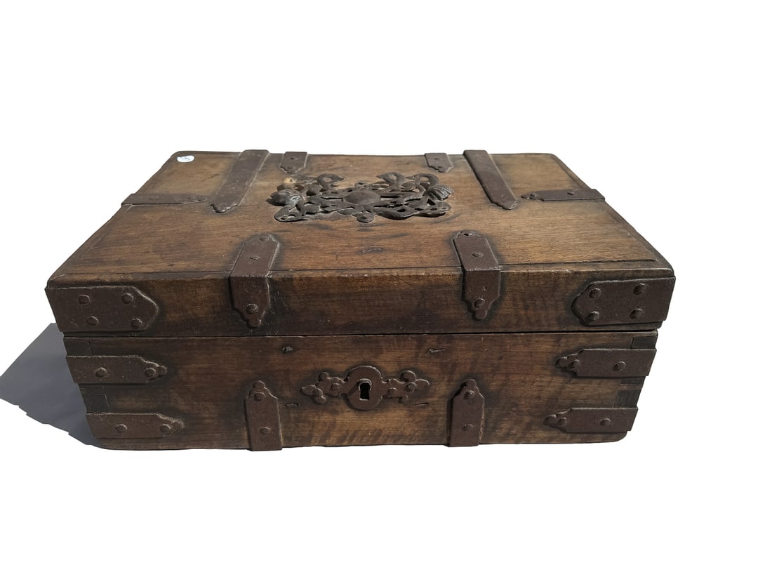 ANTIQUE IRON STRAPPED TREASURE CHEST, 19" X 13" X 7.5" (1 of 8)
