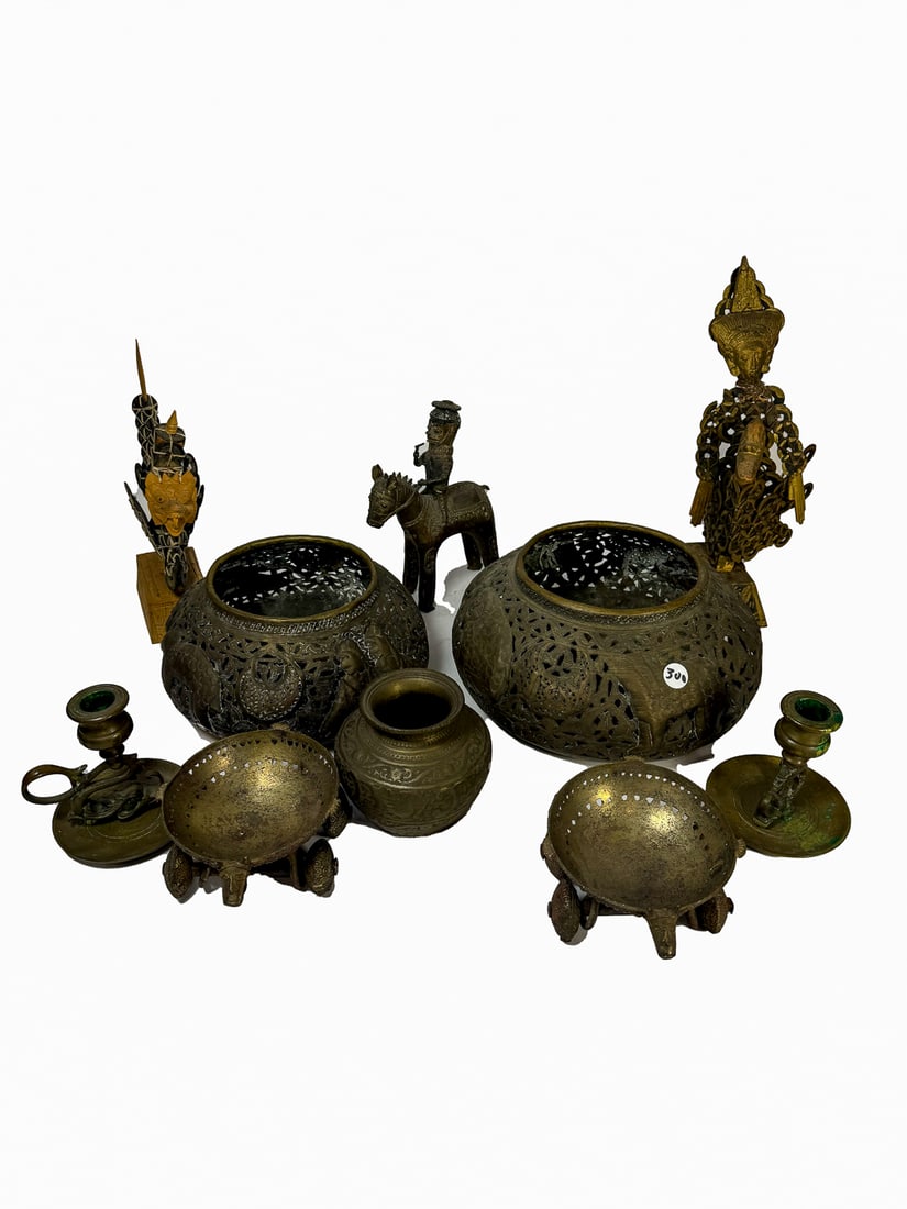 FOUR PERSIAN OR SOUTHEAST ASIAN BRONZE, WOOD, AND COPPER ITEMS, 13" AND SMALLER (1 of 11)