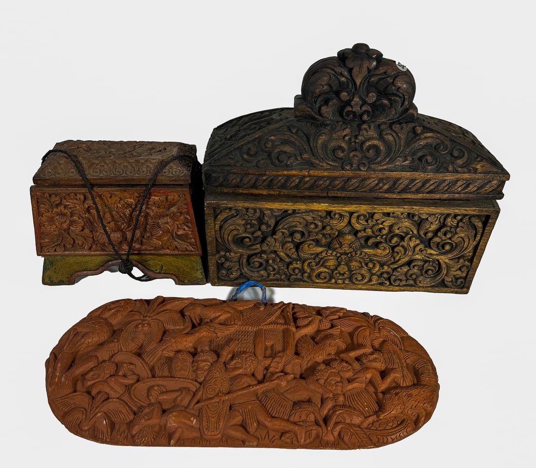 SOUTHEAST ASIAN BOXES AND SOUTH AMERICAN PLAQUE, 16" X 17" X 6" AND SMALLER AND 21" X 10" (1 of 7)
