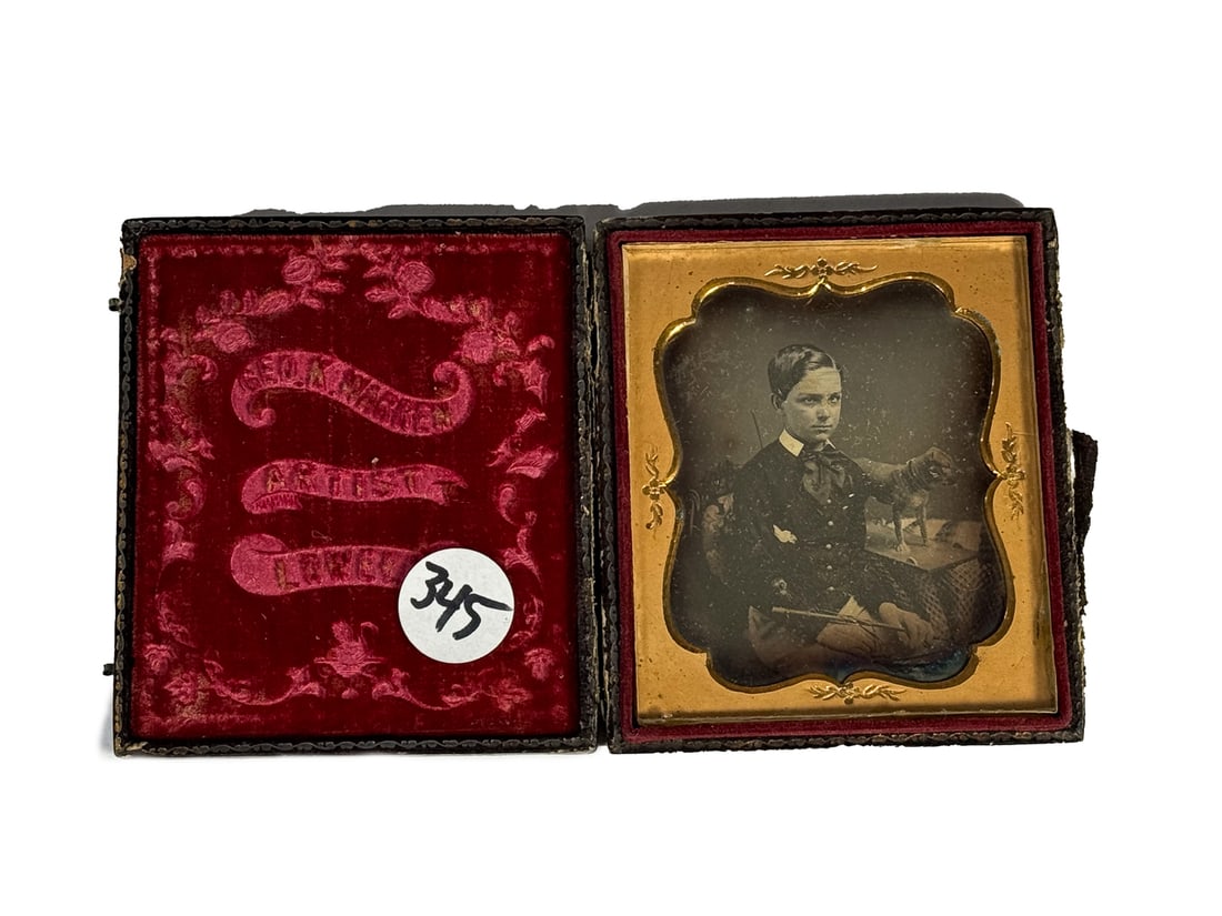 DAGUERROTYPE OF A BOY W/ A DOG  PULL TOY, 3.5" X 3.25" (1 of 8)