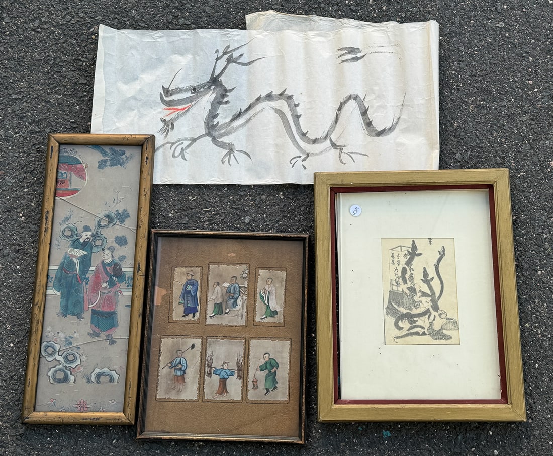 TWO CHINESE PAINTINGS, ONE JAPANESE WOODBLOCK PRINT, AND A WATERCOLOR SCROLL. 16" X 12" AND 13" X (1 of 5)
