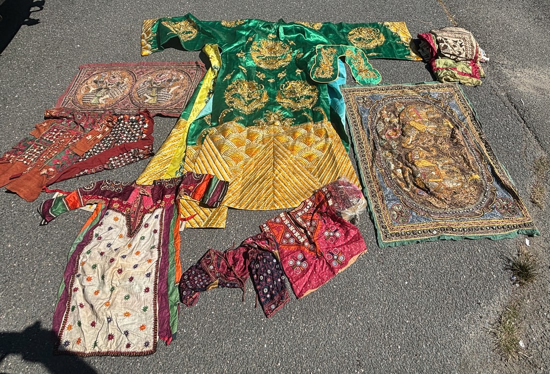 BOX OF ANTIQUE THAI AND OTHER INTERNATIONAL LINENS AND CLOTHING: BOX OF ANTIQUE THAI AND OTHER INTERNATIONAL LINENS AND CLOTHING