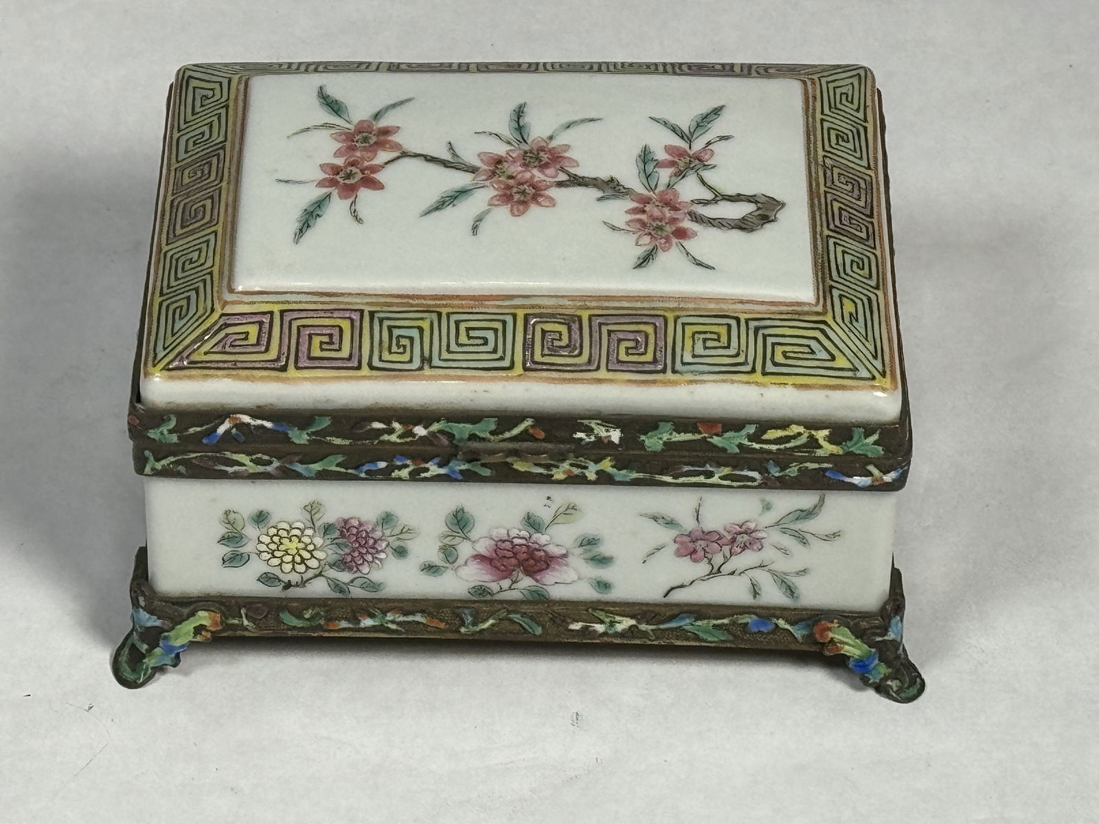 A BRONZE MOUNTED FAMILLE ROSE BOX 5" X 3.5" X 3" (1 of 6)