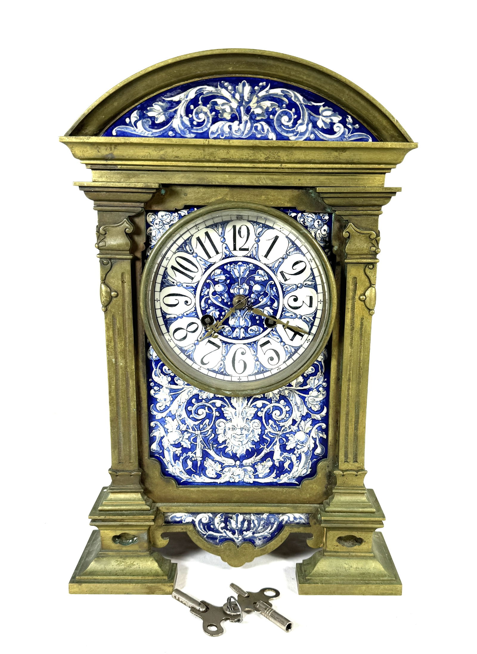 LARGE BRONZE TIFFANY STUDIOS CLOCK WITH DELFT PANELS 13.5" T X 8" W X 6" D (1 of 12)