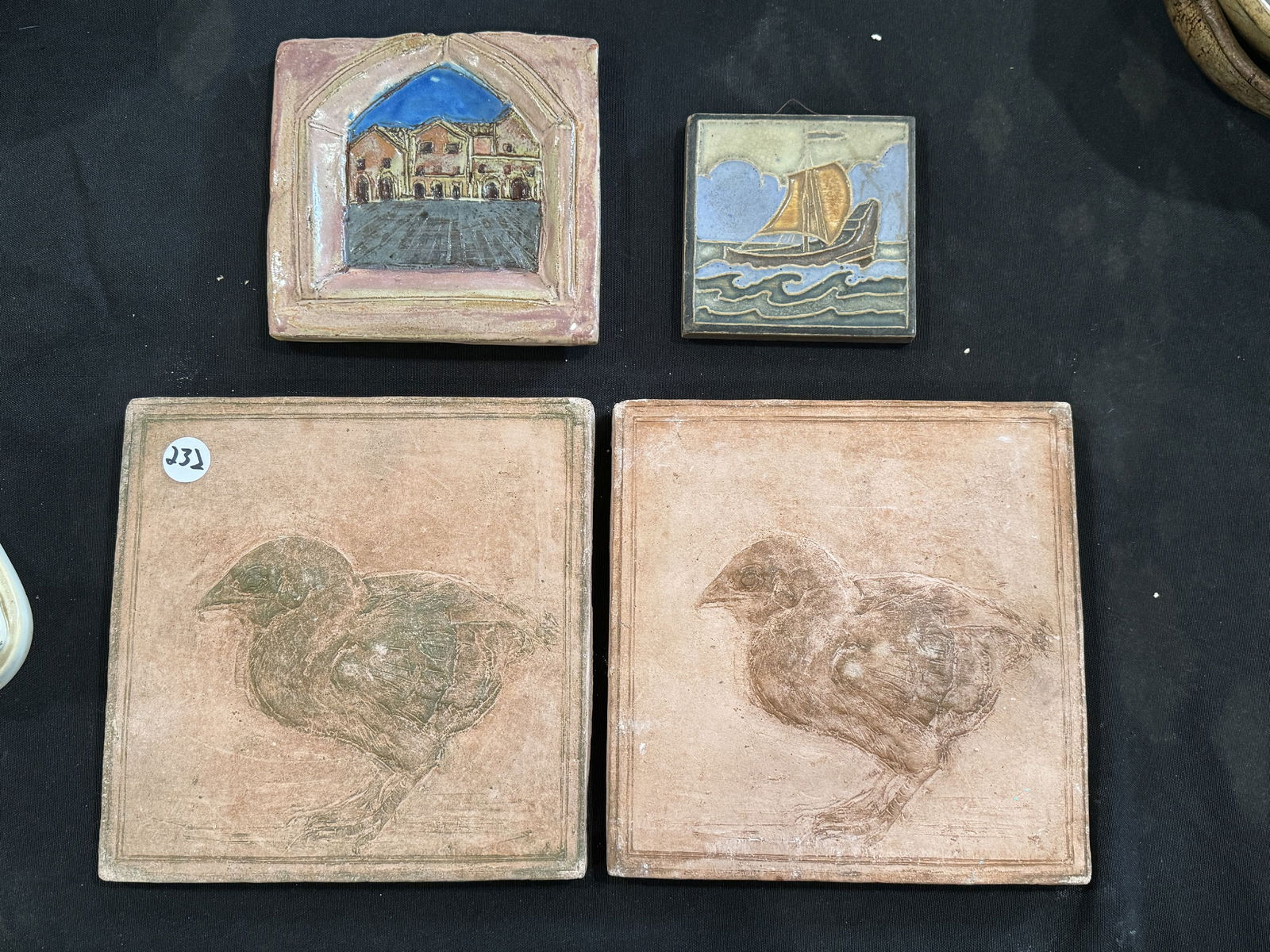 FOUR ANTIQUE TILES 7.5" X 7.5" AND SMALLER: FOUR ANTIQUE TILES 7.5" X 7.5" AND SMALLER