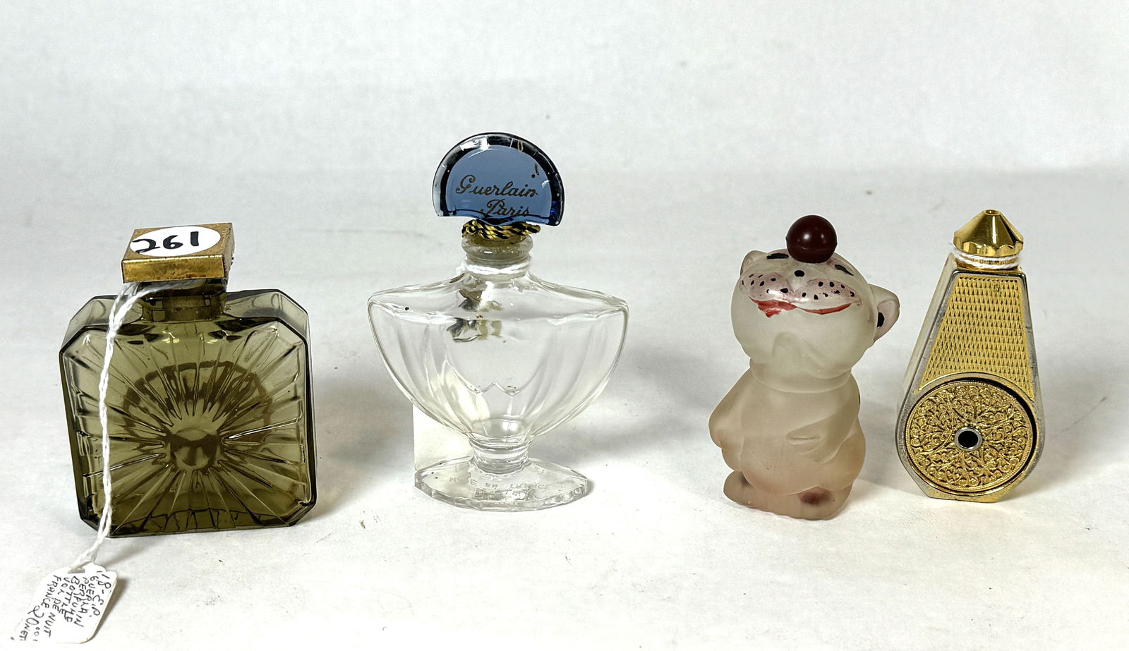 2 GUERLAIN PERFUME BOTTLES, AN ATOMIZER AND A BONZO FIGURAL PERFUME BOTTLE 4" AND SMALLER (1 of 5)