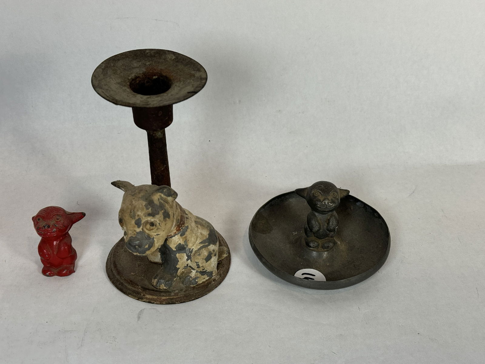 VINTAGE BONZO DOG RING TRAY, CANDLESTICK AND PAPERWEIGHT 5" AND SMALLER: VINTAGE BONZO DOG RING TRAY, CANDLESTICK AND PAPERWEIGHT 5" AND SMALLER