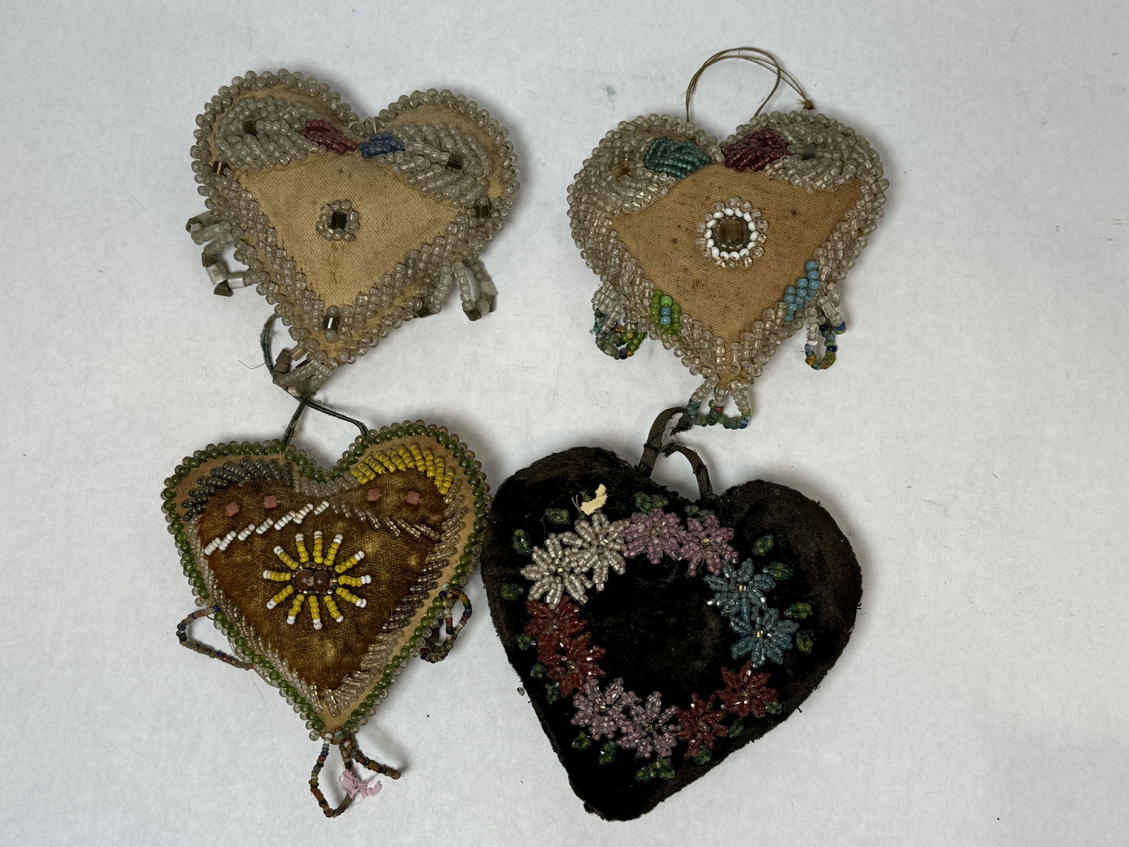 4 BEADED FOLK ART HEART SHAPED PINCUSHIONS (1 of 4)