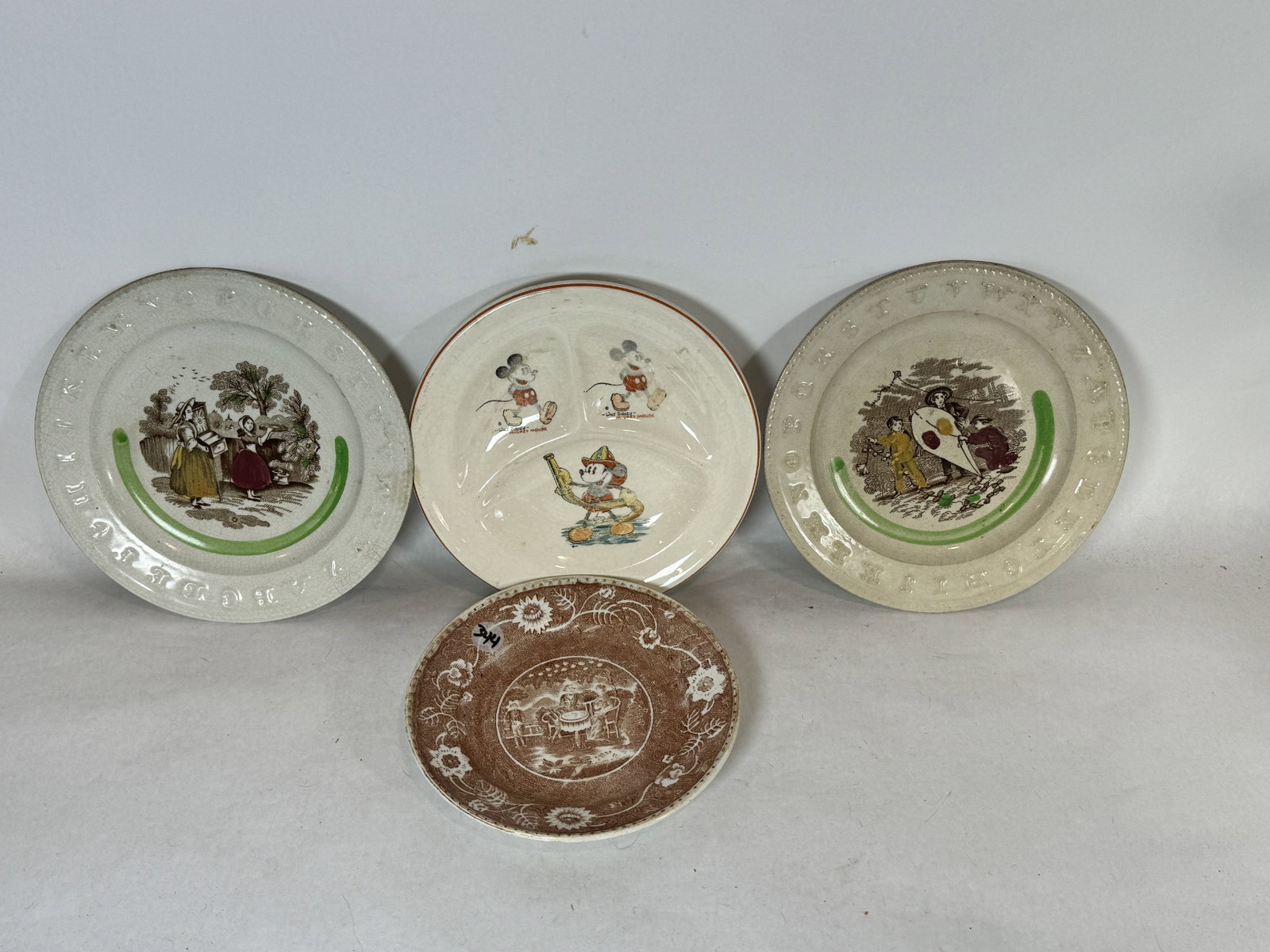 4 ANTIQUE CHILDREN'S PLATES INCLUDING MICKEY MOUSE 6"T AND SMALLER: 4 ANTIQUE CHILDREN'S PLATES INCLUDING MICKEY MOUSE 6"T AND SMALLER