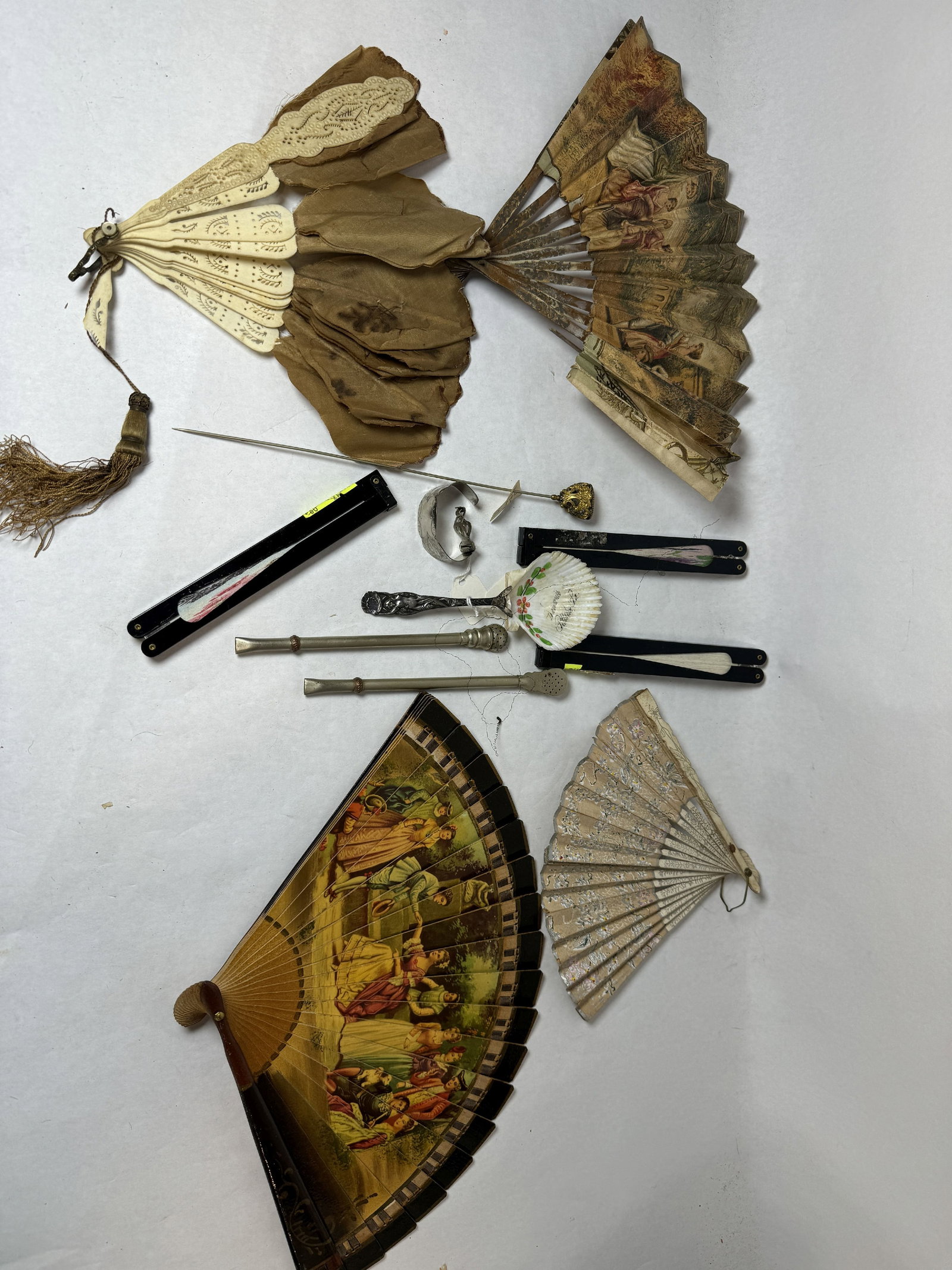 VICTORIAN FANS, OPIUM PIPES AND STERLING SILVER SHELL SPOON: VICTORIAN FANS, OPIUM PIPES AND STERLING SILVER SHELL SPOON