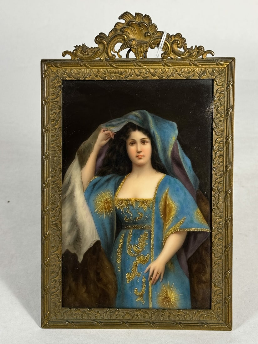 HAND PAINTED PORCELAIN PLAQUE IN BRONZE FRAME, 8.5" X 5" (1 of 5)