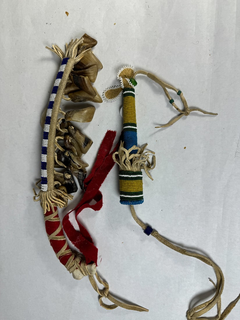 TWO BEADED ANTIQUE NATIVE AMERICAN RATTLES W/ BEAR CLAWS, 12" AND 8" (1 of 6)