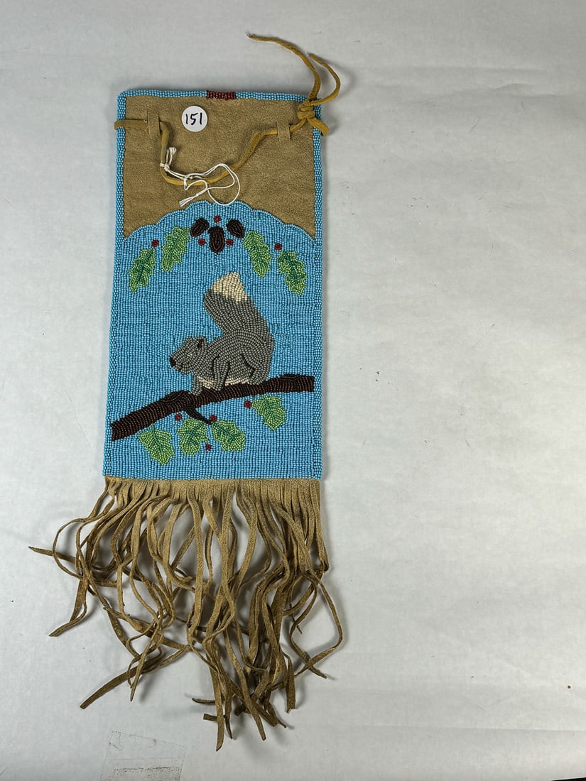 BEADED NATIVE AMERICAN PIPE BAG W/ SQUIRREL, 6" X 15" (1 of 6)